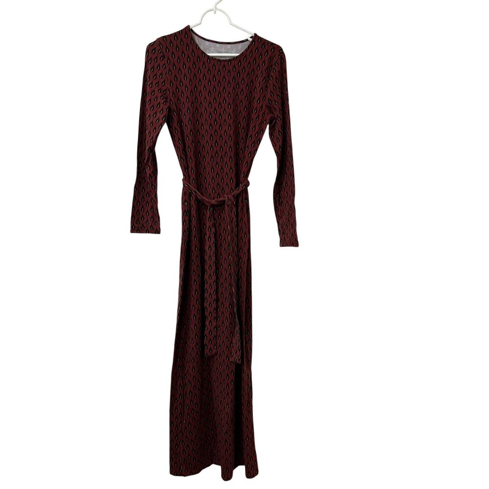Garnet Hill Womens Sz Small Red Black Linden Knit Column Dress Long Sleeve Maxi